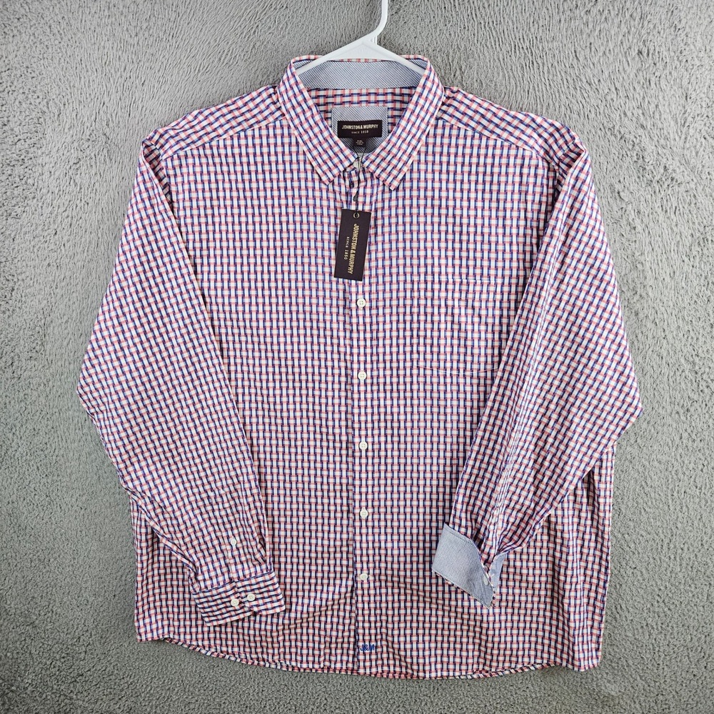 Johnston & Murphy Mens XXL Coral Navy Blue Grid‎ Check Button Down Shirt NEW NWT